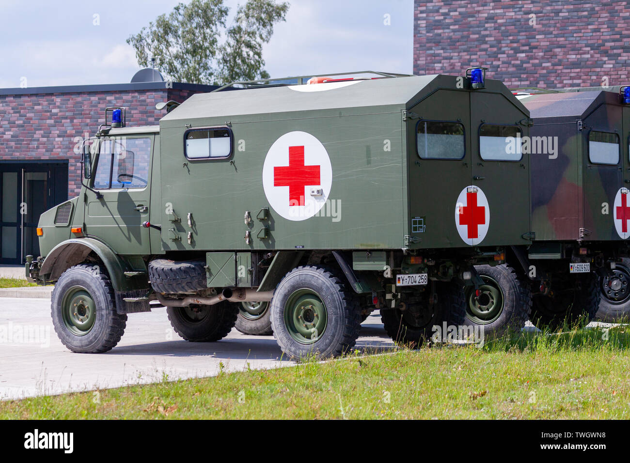 AUGUSTDORF / GERMANY - JUNE 15,2019: German military ambulance vehicle ' krkw ' stands at military base on an event Day of the Bundeswehr. Stock Photo