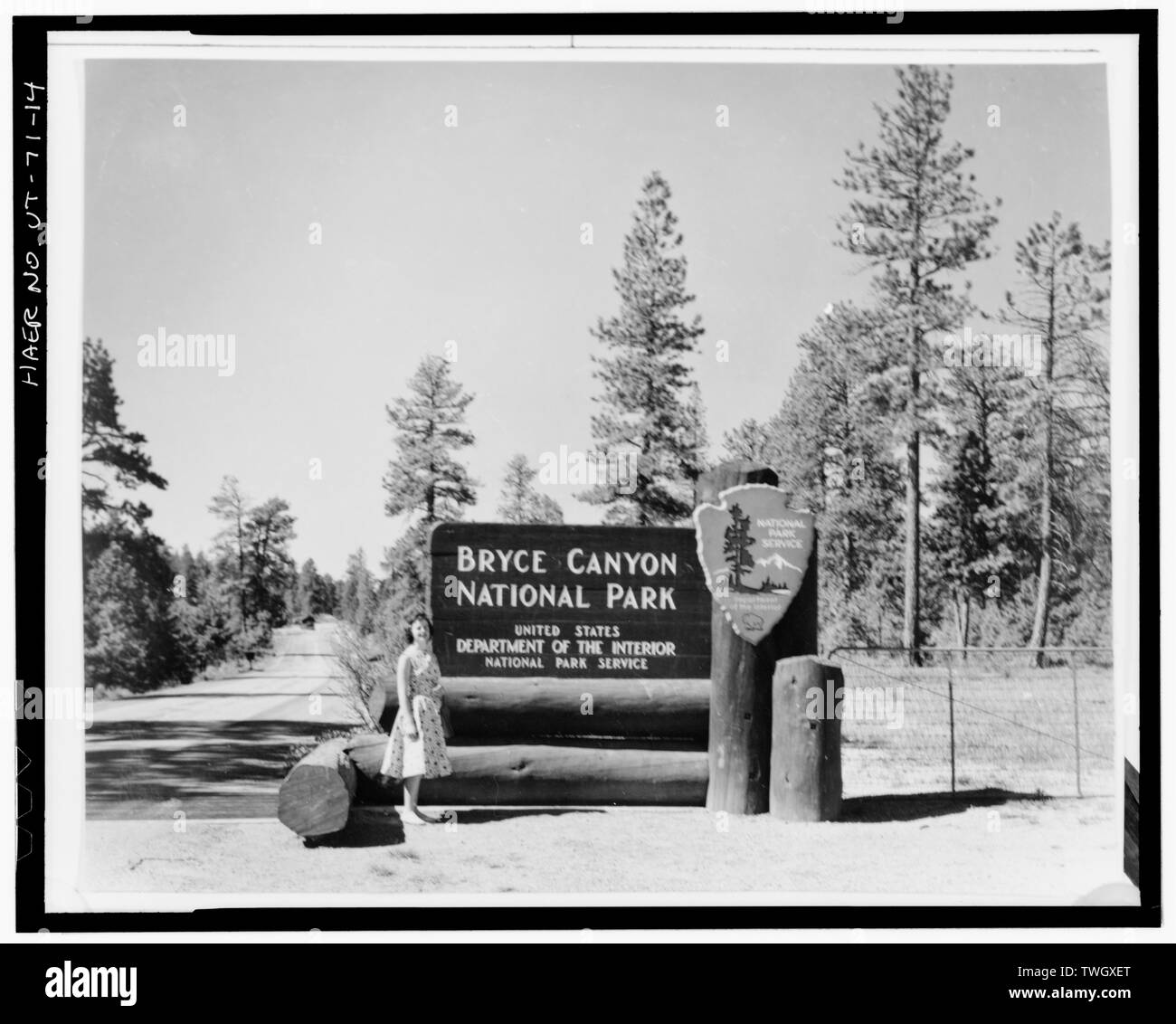 RUSTIC ENTRANCE SIGN AT NORTH PARK BOUNDARY - Bryce Canyon National Park Rim Road, State Highway 63 to Rainbow Point, Tropic, Garfield County, UT; U.S. Forest Service; Bureau of Public Roads; Union Construction Company; WW Clyde and Company; Reynolds-Ely Construction Company; Bryce, Ebenezer; Humphrey, J W; Harding, Warren G; Allen, Thomas J; Brown, R A; Finch, B J; Civilian Conservation Corps; Quin, transmitter; French, Christine Madrid, historian; Grogan, Brian C, photographer Stock Photo
