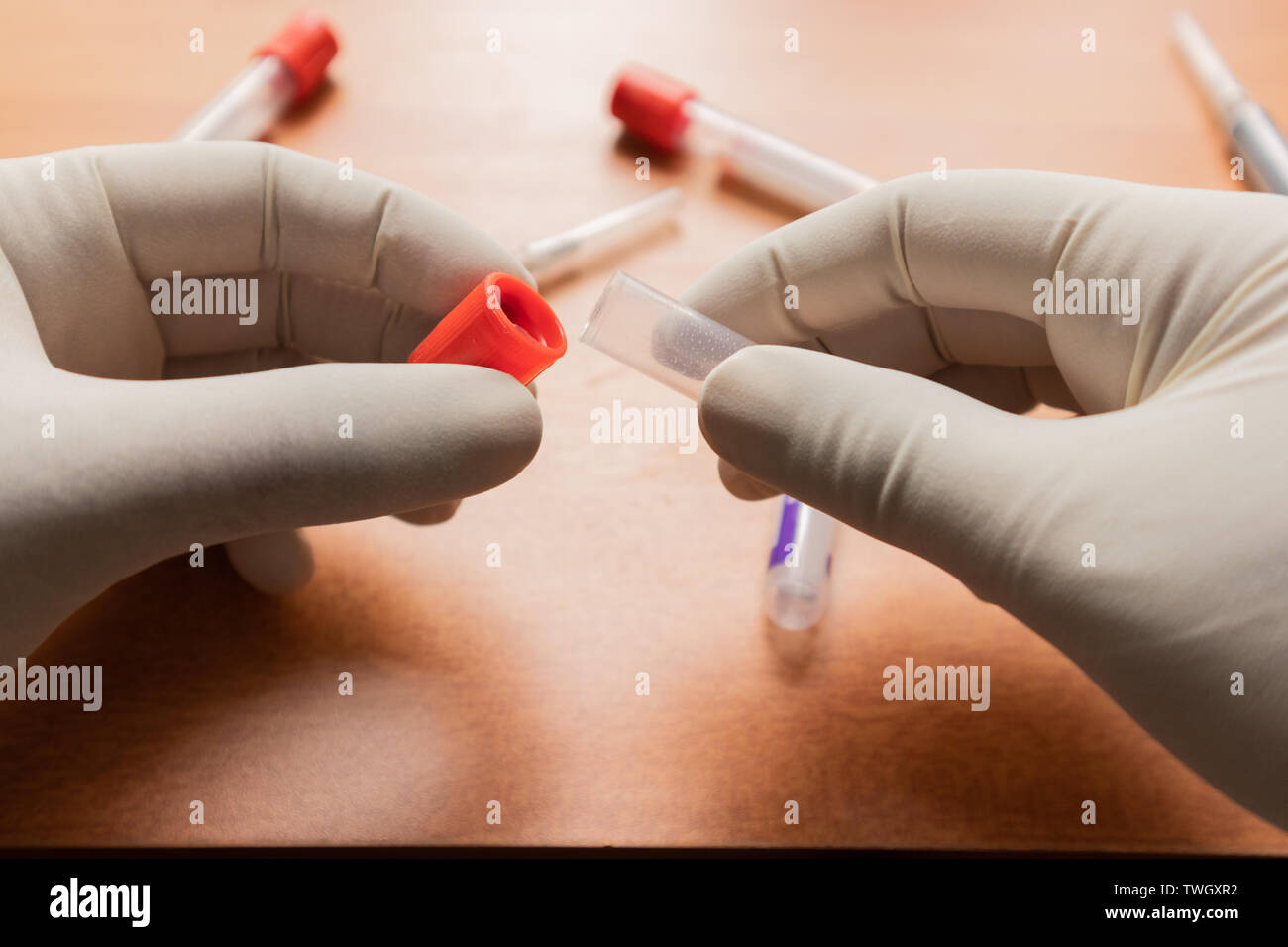 Pro-coagulation Plain Clot Activator blood collection tube,with red plastic stopper held by hand In Laboratory, India. Stock Photo