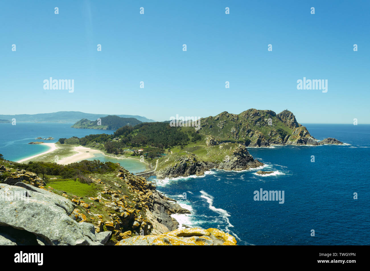 View of the Cies Islands National Park from the viewpoint of the Queen's Chair. Vigo. Galicia. Spain. Stock Photo