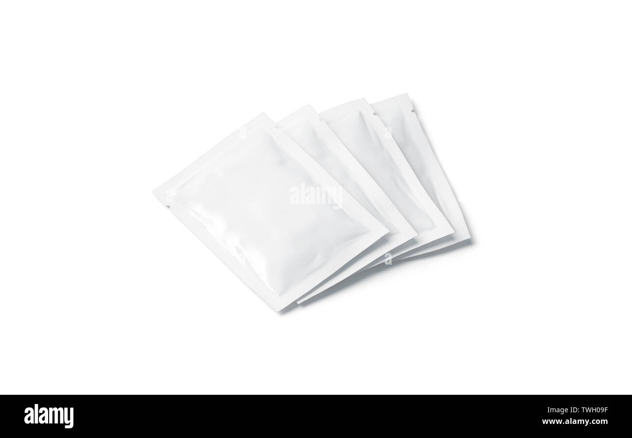 Blank white sachet packets stack mock up, isolated, side view, 3d rendering. Empty package bundle mock-up for tea, coffee, sugar. Clear bunch of wrapp Stock Photo