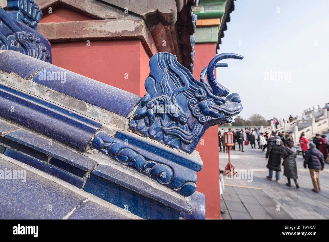 Blue decorations on the wall around Hall of Prayer for Good Harvests in Temple of Heaven in Beijing, China Stock Photo