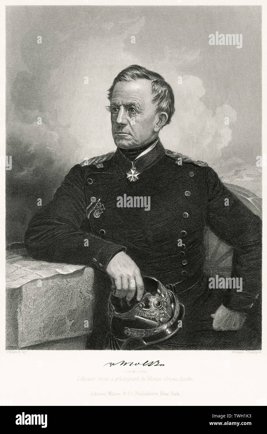 Helmuth von Moltke (1800-91), the Elder, Prussian Field Marshal and Chief of the German General Staff, Seated Portrait, Steel Engraving, Portrait Gallery of Eminent Men and Women of Europe and America by Evert A. Duyckinck, Published by Henry J. Johnson, Johnson, Wilson & Company, New York, 1873 Stock Photo