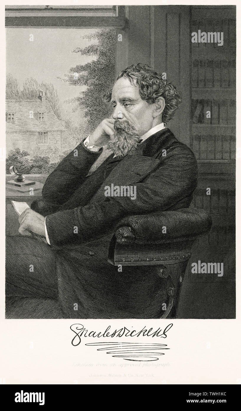 Charles Dickens (1812-70), English Writer, Seated Portrait, Steel Engraving, Portrait Gallery of Eminent Men and Women of Europe and America by Evert A. Duyckinck, Published by Henry J. Johnson, Johnson, Wilson & Company, New York, 1873 Stock Photo