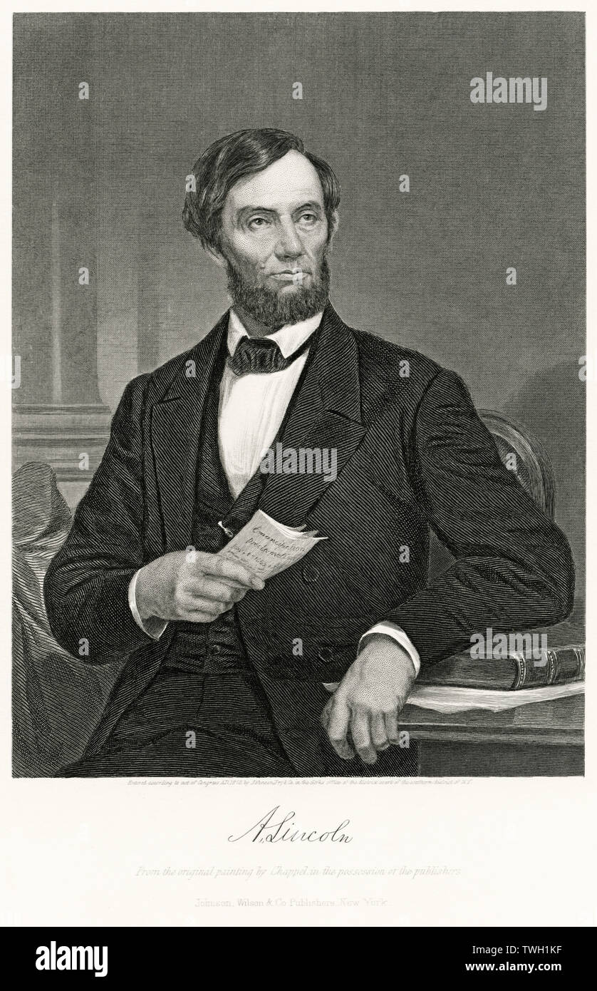 Abraham Lincoln (1809-65), 16th President of the United States, Seated Portrait, Steel Engraving, Portrait Gallery of Eminent Men and Women of Europe and America by Evert A. Duyckinck, Published by Henry J. Johnson, Johnson, Wilson & Company, New York, 1873 Stock Photo
