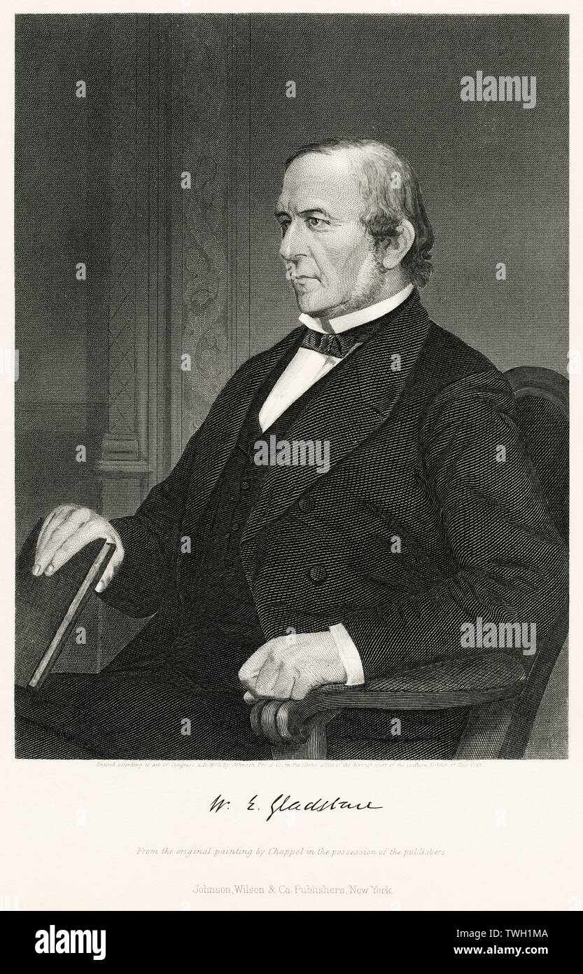 William Ewert Gladstone (1809-98), British Politician and Prime Minister spread over four terms beginning in 1868 and ending in 1894, Seated Portrait, Steel Engraving, Portrait Gallery of Eminent Men and Women of Europe and America by Evert A. Duyckinck, Published by Henry J. Johnson, Johnson, Wilson & Company, New York, 1873 Stock Photo