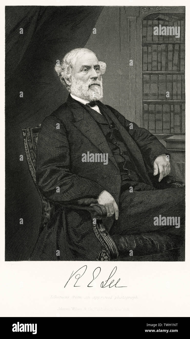 Robert E. Lee (1807-70) American and Confederate Soldier, Commanding General of the Confederate Forces during the American Civil War, Seated Portrait, Steel Engraving, Portrait Gallery of Eminent Men and Women of Europe and America by Evert A. Duyckinck, Published by Henry J. Johnson, Johnson, Wilson & Company, New York, 1873 Stock Photo