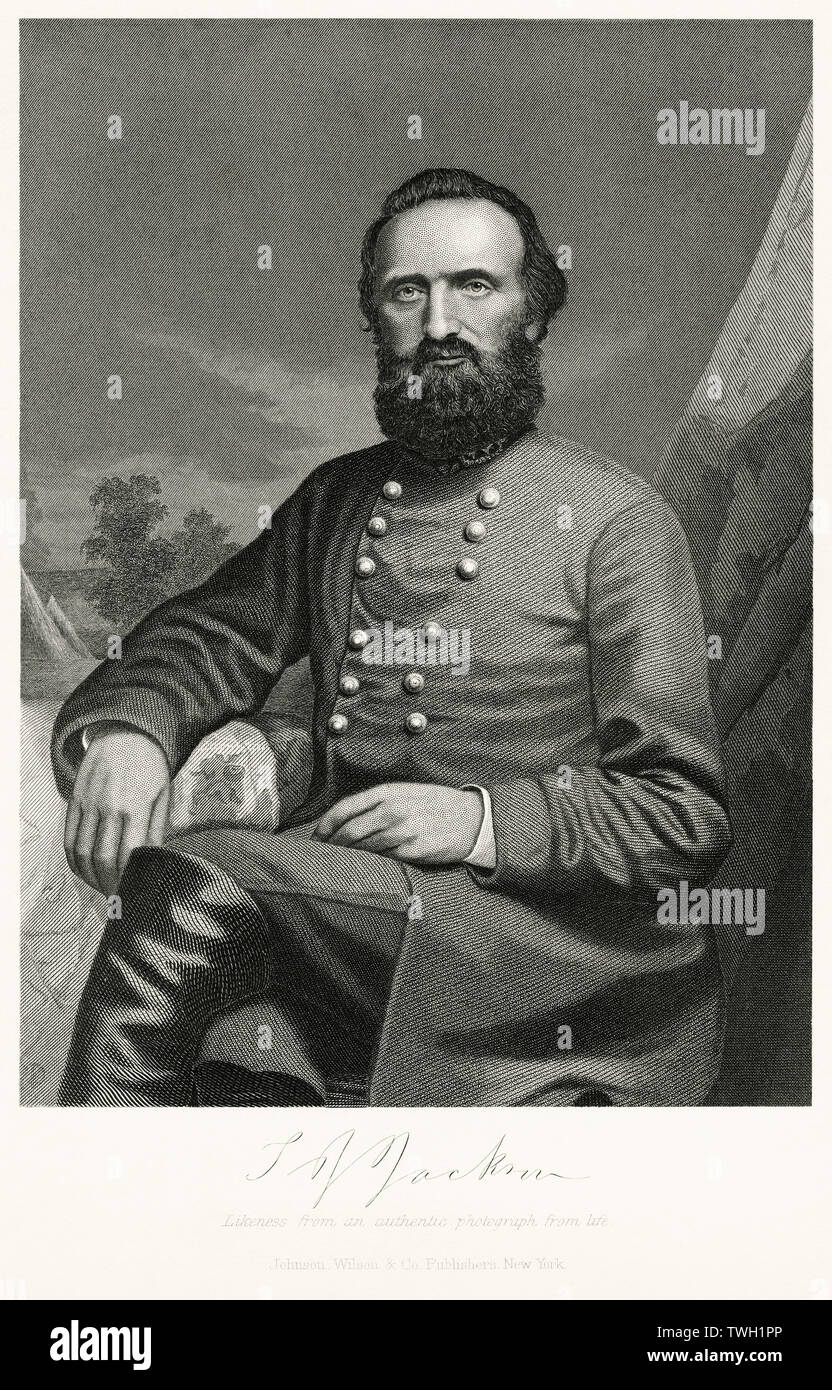 Thomas Jonathan 'Stonewall' Jackson (1824-63), Confederate General during American Civil War, Seated Portrait, Steel Engraving, Portrait Gallery of Eminent Men and Women of Europe and America by Evert A. Duyckinck, Published by Henry J. Johnson, Johnson, Wilson & Company, New York, 1873 Stock Photo