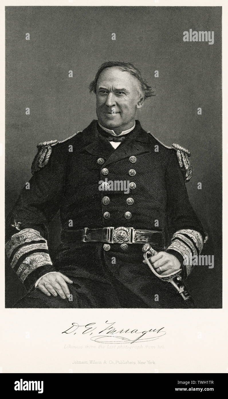 David G. Farragut (1801-70), American Admiral, U.S. Navy, Seated Portrait, Steel Engraving, Portrait Gallery of Eminent Men and Women of Europe and America by Evert A. Duyckinck, Published by Henry J. Johnson, Johnson, Wilson & Company, New York, 1873 Stock Photo