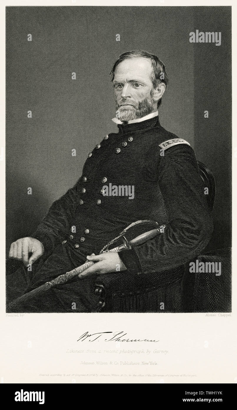 William Tecumseh Sherman (1820-1891), Union General During American Civil War, Seated Portrait, Steel Engraving, Portrait Gallery of Eminent Men and Women of Europe and America by Evert A. Duyckinck, Published by Henry J. Johnson, Johnson, Wilson & Company, New York, 1873 Stock Photo