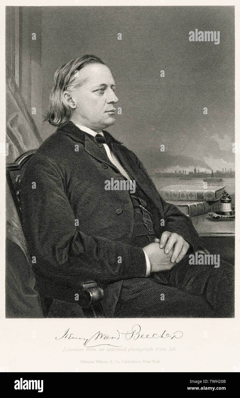 Henry Ward Beecher (1813-87), American Congregational Minister, Orator, Abolitionist and Social Reformer, seated Portrait, Steel Engraving, Portrait Gallery of Eminent Men and Women of Europe and America by Evert A. Duyckinck, Published by Henry J. Johnson, Johnson, Wilson & Company, New York, 1873 Stock Photo