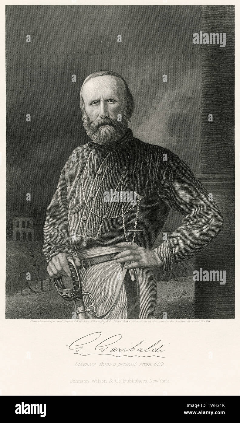 Giuseppe Garibaldi (1807-82), Italian General, Contributed to the Achievement of Italian Unification, Half-Length Portrait, Steel Engraving, Portrait Gallery of Eminent Men and Women of Europe and America by Evert A. Duyckinck, Published by Henry J. Johnson, Johnson, Wilson & Company, New York, 1873 Stock Photo
