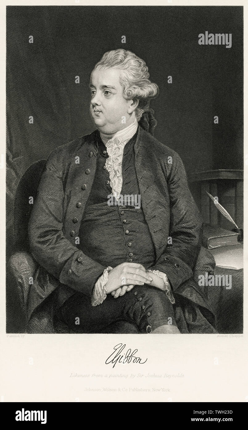 Edward Gibbon (1737-94), English Historian, Writer and Member of Parliament, Seated Portrait, Steel Engraving, Portrait Gallery of Eminent Men and Women of Europe and America by Evert A. Duyckinck, Published by Henry J. Johnson, Johnson, Wilson & Company, New York, 1873 Stock Photo