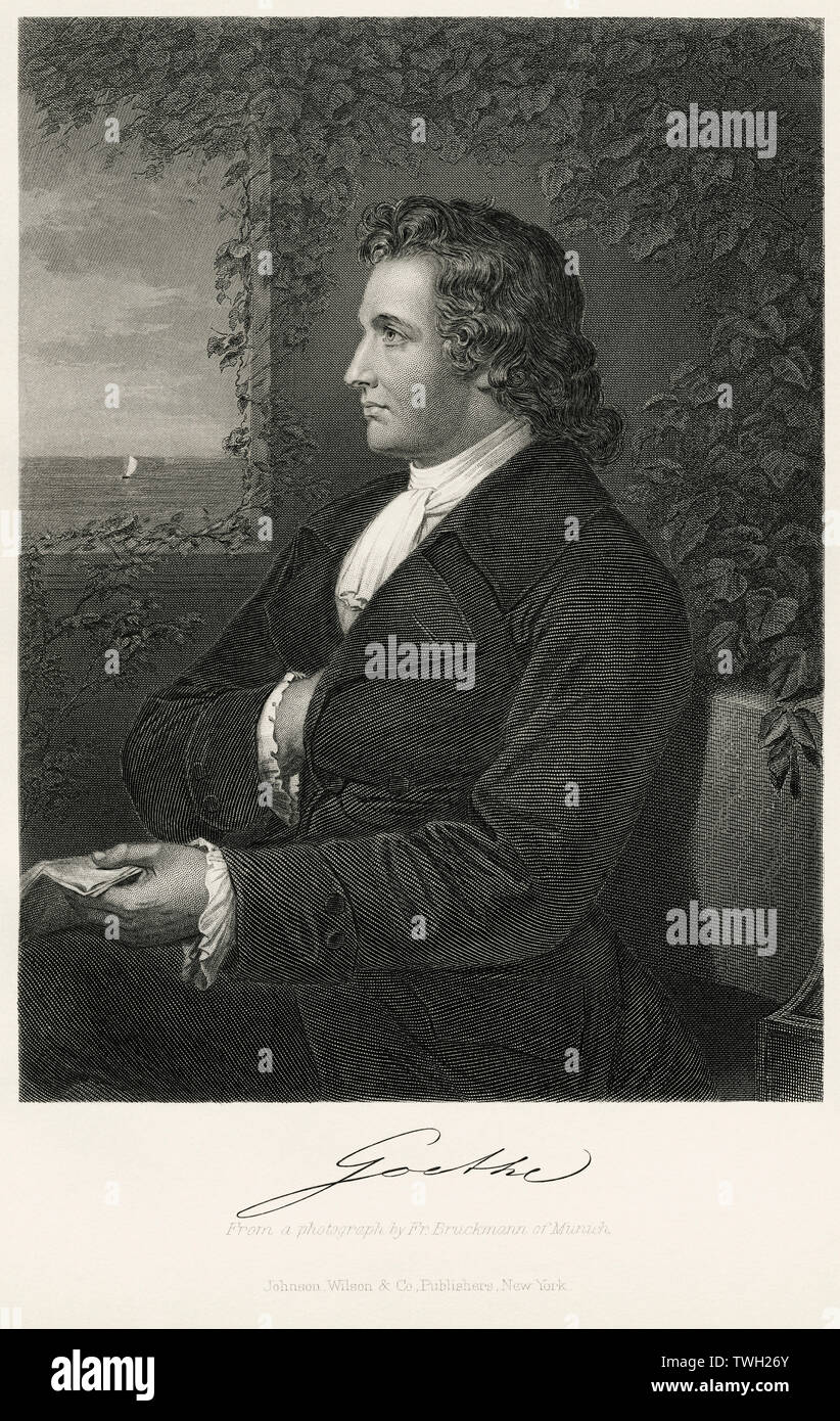 Johann Wolfgang von Goethe (1749-1832), German Writer and Statesman, Seated Portrait, Steel Engraving, Portrait Gallery of Eminent Men and Women of Europe and America by Evert A. Duyckinck, Published by Henry J. Johnson, Johnson, Wilson & Company, New York, 1873 Stock Photo
