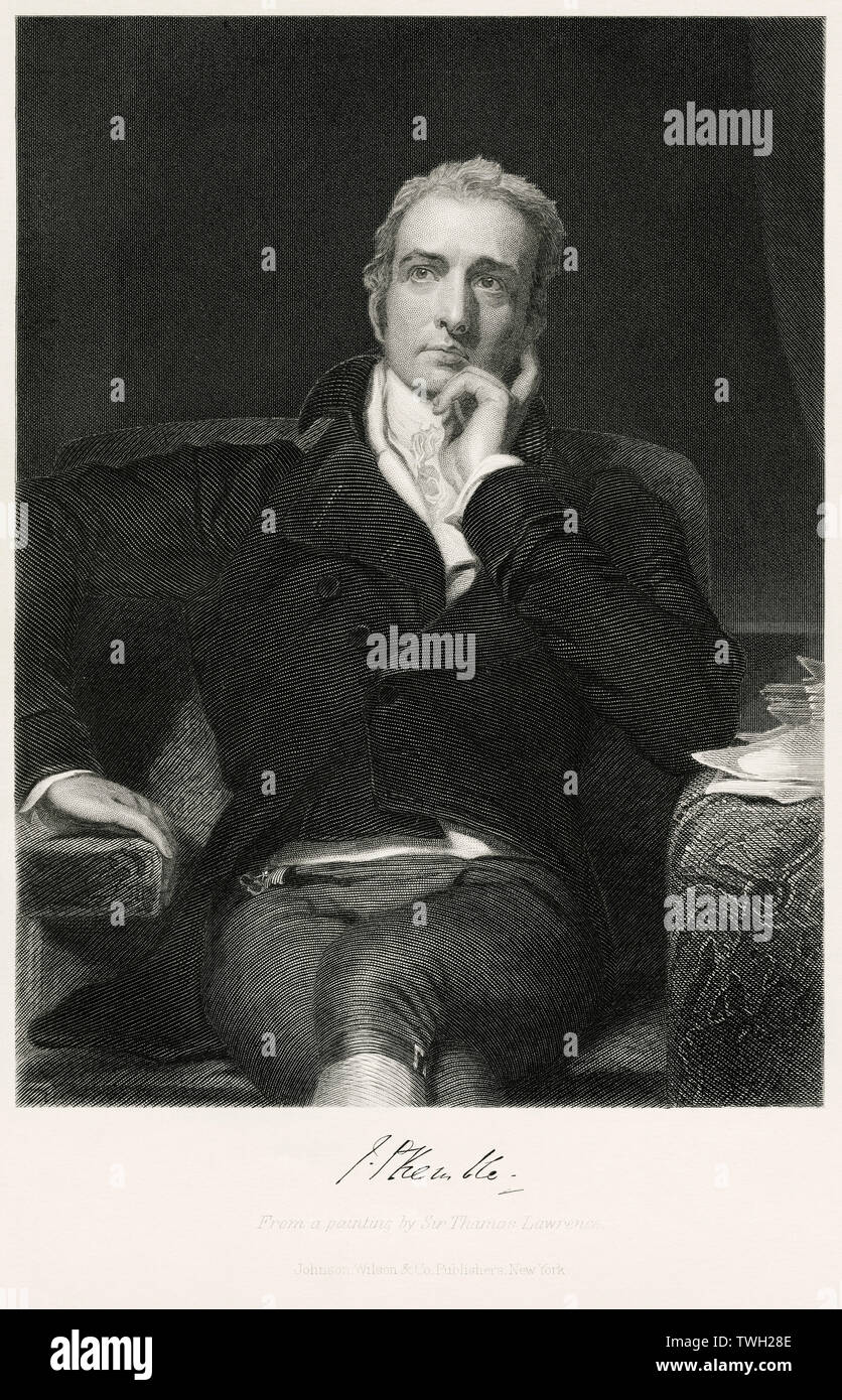 John Philip Kemble (1757-1823), Seated Portrait, Steel Engraving, Portrait Gallery of Eminent Men and Women of Europe and America by Evert A. Duyckinck, Published by Henry J. Johnson, Johnson, Wilson & Company, New York, 1873 Stock Photo