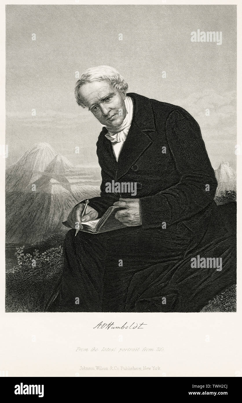 Alexander von Humboldt (1769-1859), German Naturalist and Explorer and Major Figure in the Classical Period of Physical Geography and Biogeography, Seated Portrait, Steel Engraving, Portrait Gallery of Eminent Men and Women of Europe and America by Evert A. Duyckinck, Published by Henry J. Johnson, Johnson, Wilson & Company, New York, 1873 Stock Photo