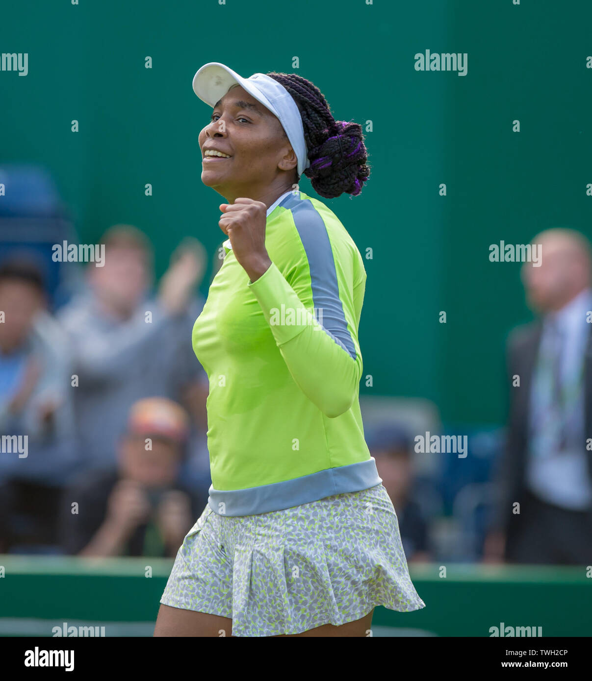 Edgbaston Priory Club, Birmingham, UK. 20th June, 2019. WTA Nature Valley Classic tennis tournament; Qiang Wang (CHN) versus Venus Williams (USA); Venus Williams (USA) fist pumps in celebration after winning her second round match and is into the last eight Credit: Action Plus Sports/Alamy Live News Stock Photo