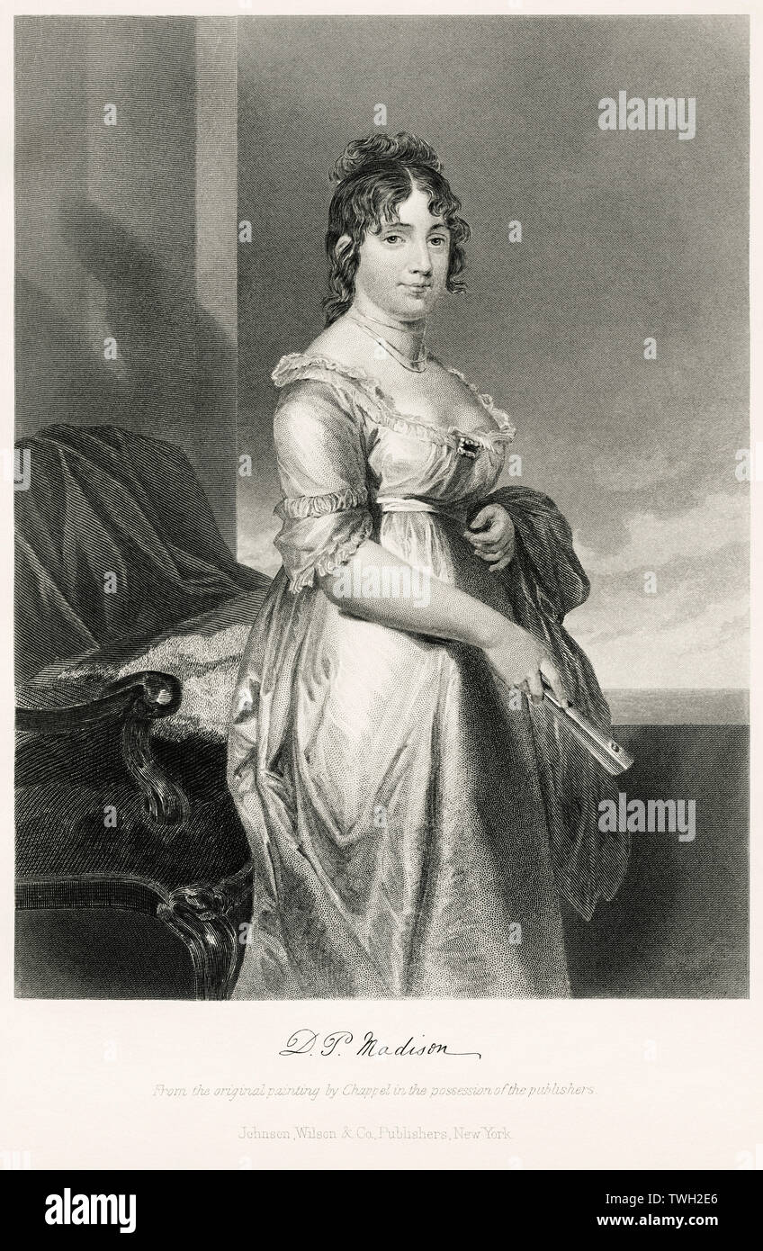 Dolley Todd Madison (1768-1849), Wife of 4th U.S. President James Madison, Three-Quarter Length Portrait, Steel Engraving, Portrait Gallery of Eminent Men and Women of Europe and America by Evert A. Duyckinck, Published by Henry J. Johnson, Johnson, Wilson & Company, New York, 1873 Stock Photo