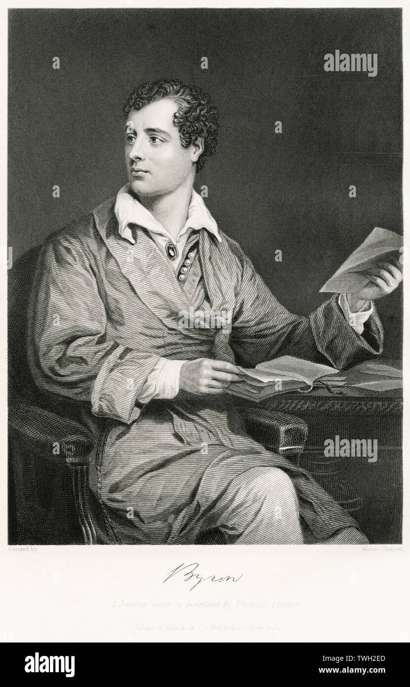 George Gordon Byron (1788-1824), Lord Byron, English Poet, Seated Portrait, Steel Engraving, Portrait Gallery of Eminent Men and Women of Europe and America by Evert A. Duyckinck, Published by Henry J. Johnson, Johnson, Wilson & Company, New York, 1873 Stock Photo