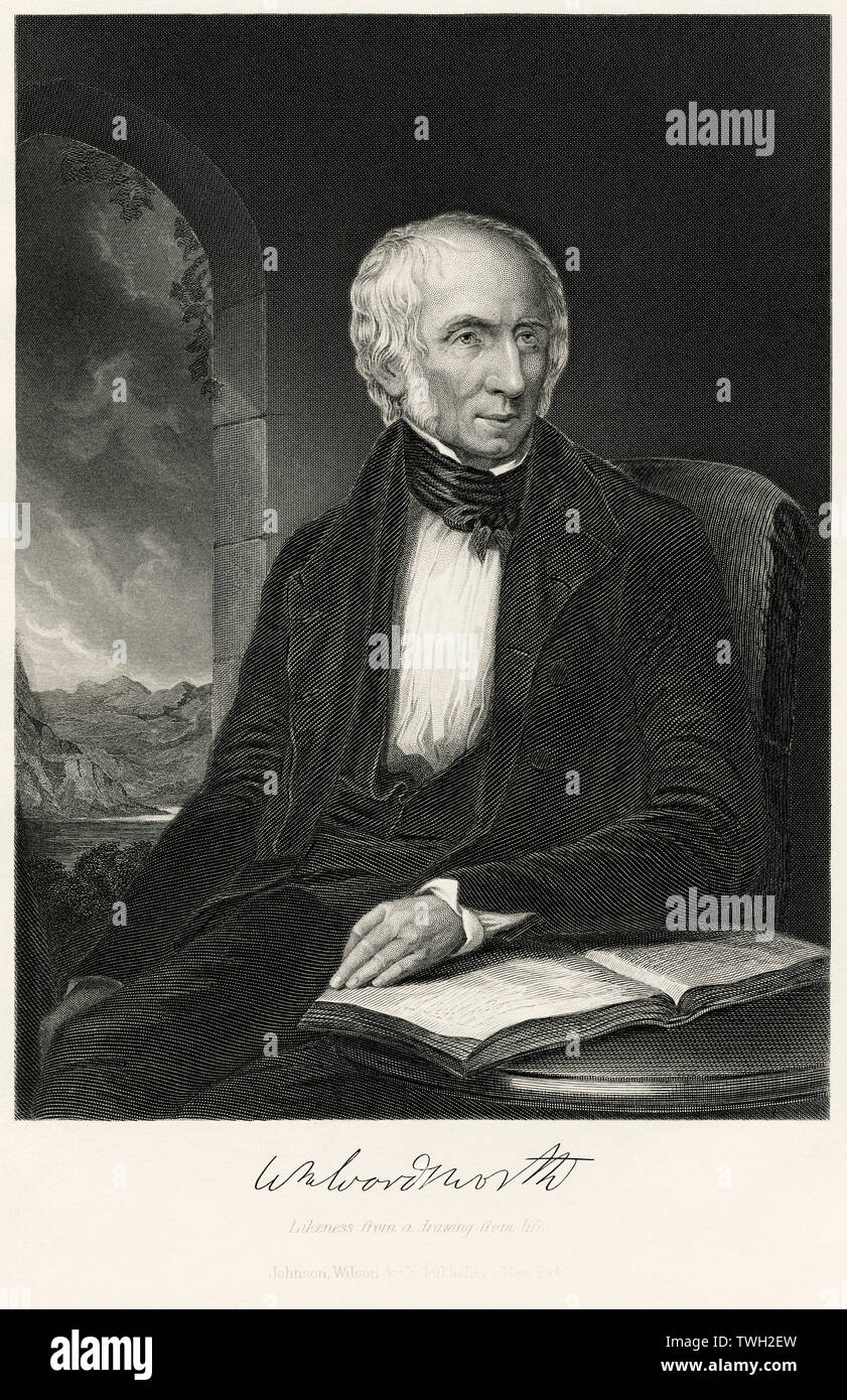 William Wordsworth (1770-1850), English Romantic Poet, Seated Portrait, Steel Engraving, Portrait Gallery of Eminent Men and Women of Europe and America by Evert A. Duyckinck, Published by Henry J. Johnson, Johnson, Wilson & Company, New York, 1873 Stock Photo