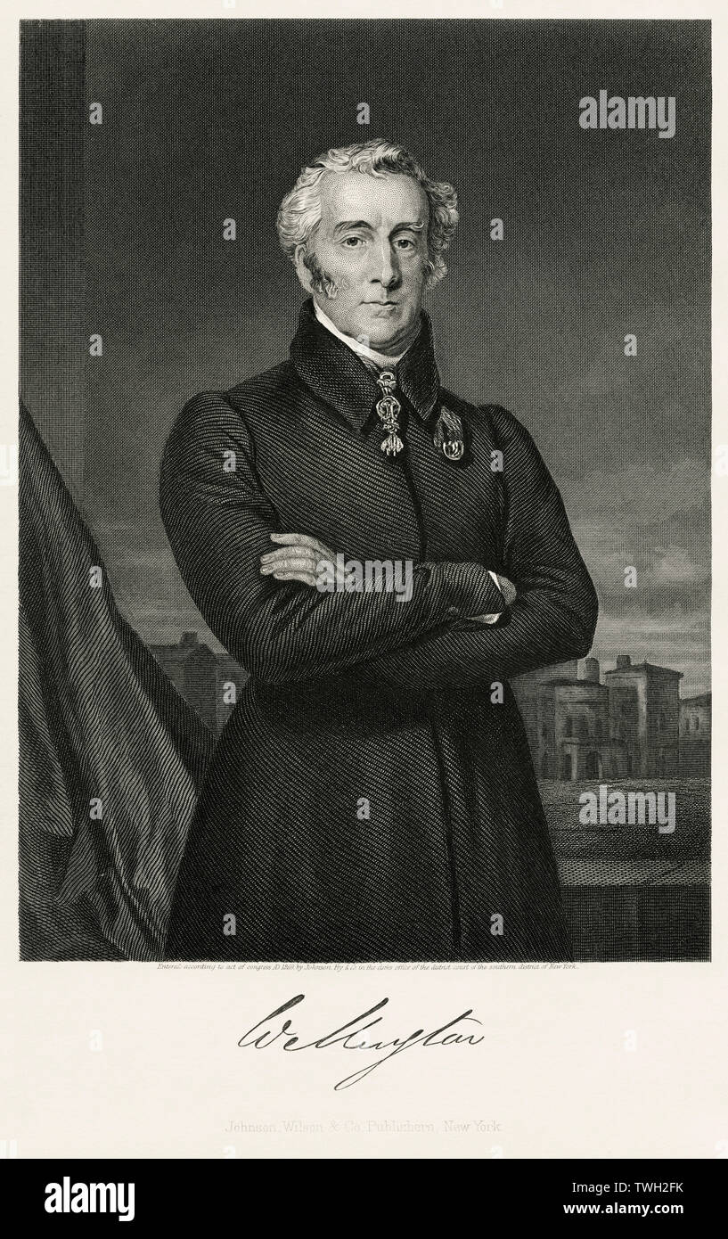 Arthur Wellesley (1769-1852), 1st Duke of Wellington, Leading British Military and Political Figure, serving twice as Prime Minister of the United Kingdom 1828-30, 1834-34, Three-Quarter Length Portrait, Steel Engraving, Portrait Gallery of Eminent Men and Women of Europe and America by Evert A. Duyckinck, Published by Henry J. Johnson, Johnson, Wilson & Company, New York, 1873 Stock Photo