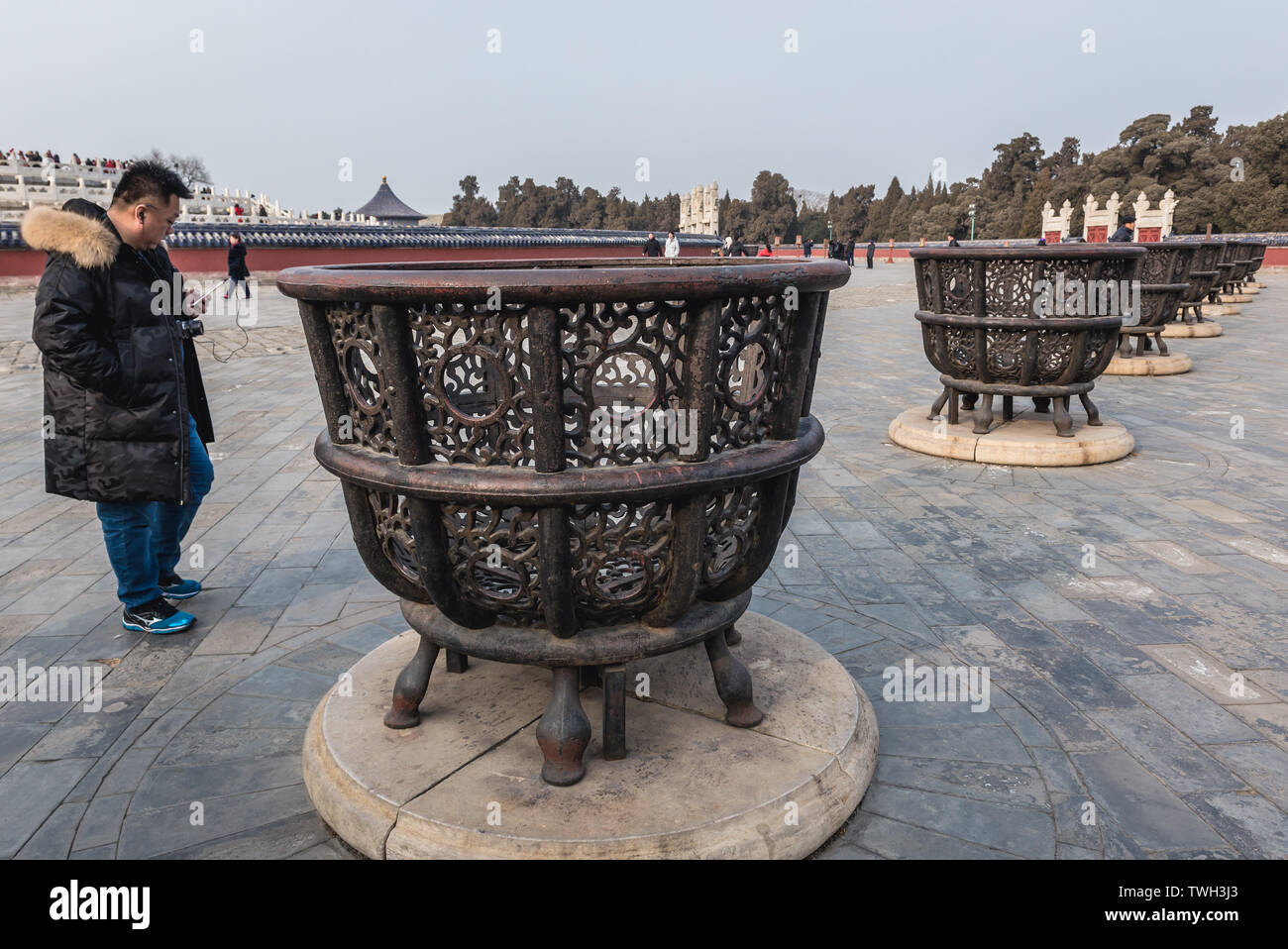 Iron stoves for burning the offerings next to Circular Mound Altar in Temple of Heaven in Beijing, China Stock Photo