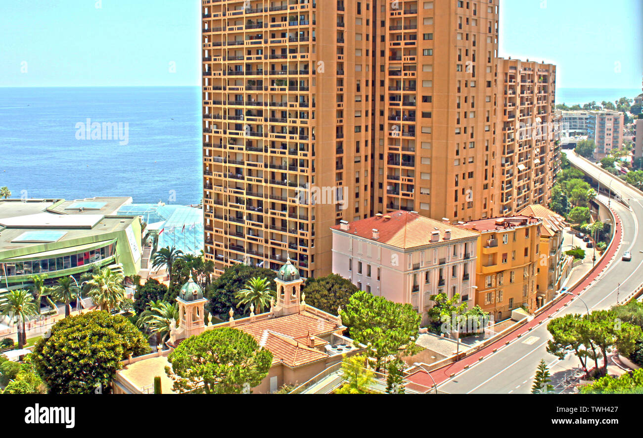 Larvotto, Monaco - August 03, 2013: Modern conference and cultural center Grimaldi Forum on the picturesque sea coast Stock Photo