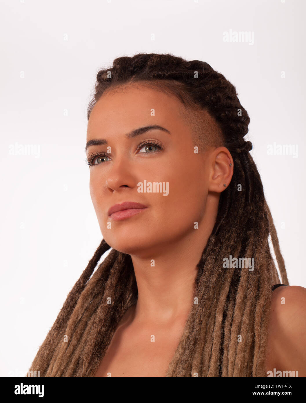 Portrait Of A European Girl With African Braids And Shaved Temples