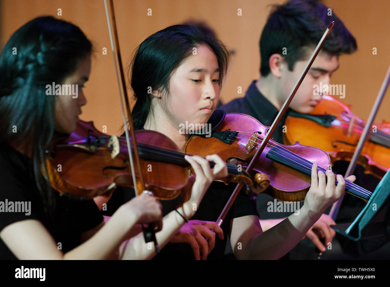 American High School Symphony Orchestra, female violinist Stock Photo