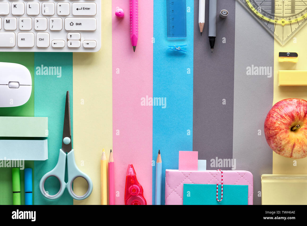 Back to school, concept flat lay background in pastel colors. Stationary items on paper background, text space. Stock Photo