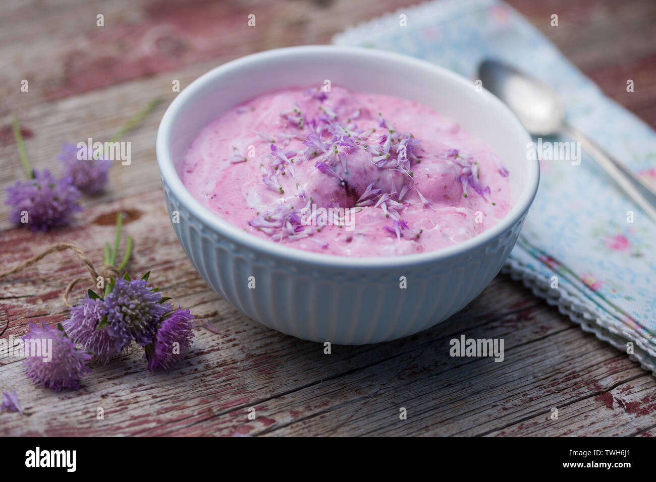 Dessert mit Blüten von Acker-Witwenblume, Nachspeise, Nachtisch, Quarkspeise, Blütenblätter als Dekoration, dessert, junket, sweet. Acker-Witwenblume, Stock Photo