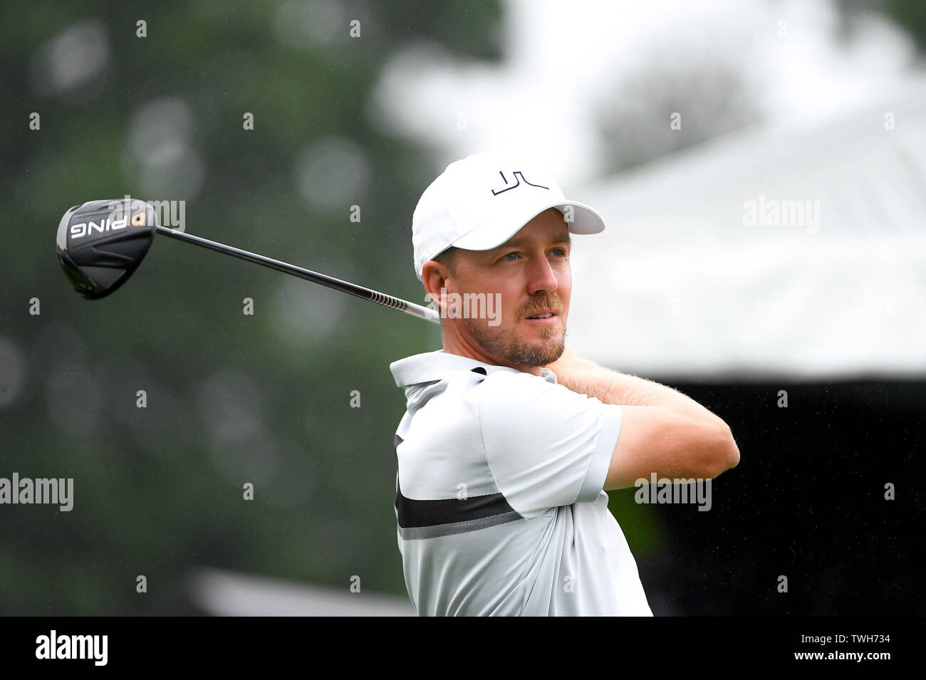 Cromwell CT, USA. 20th June, 2019. Jonas Blixt (SWE) watches the flight of his ball down the first fairway during the first round of the PGA Travelers Championship golf tournament held at TPC River Highlands in Cromwell CT. Eric Canha/Cal Sport Media/Alamy Live News Stock Photo