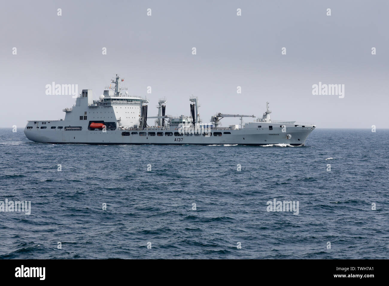 The new fleet tanker RFA Tiderace at sea. The Royal Fleet Auxiliary (RFA) operates a variety of support ships for the Royal Navy Stock Photo