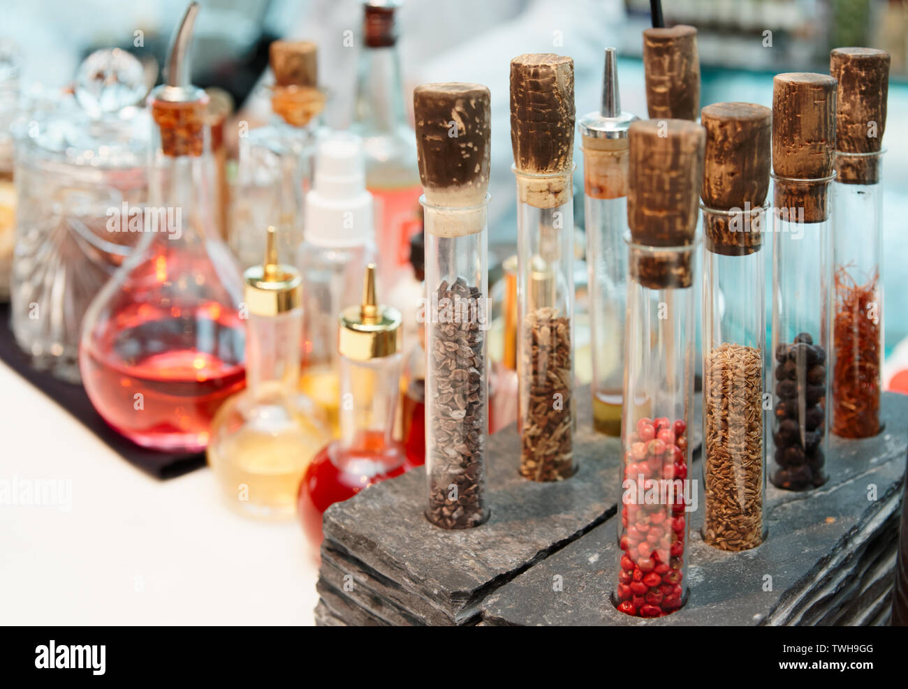 Spices and various bitters in oldstyled bar Stock Photo Alamy