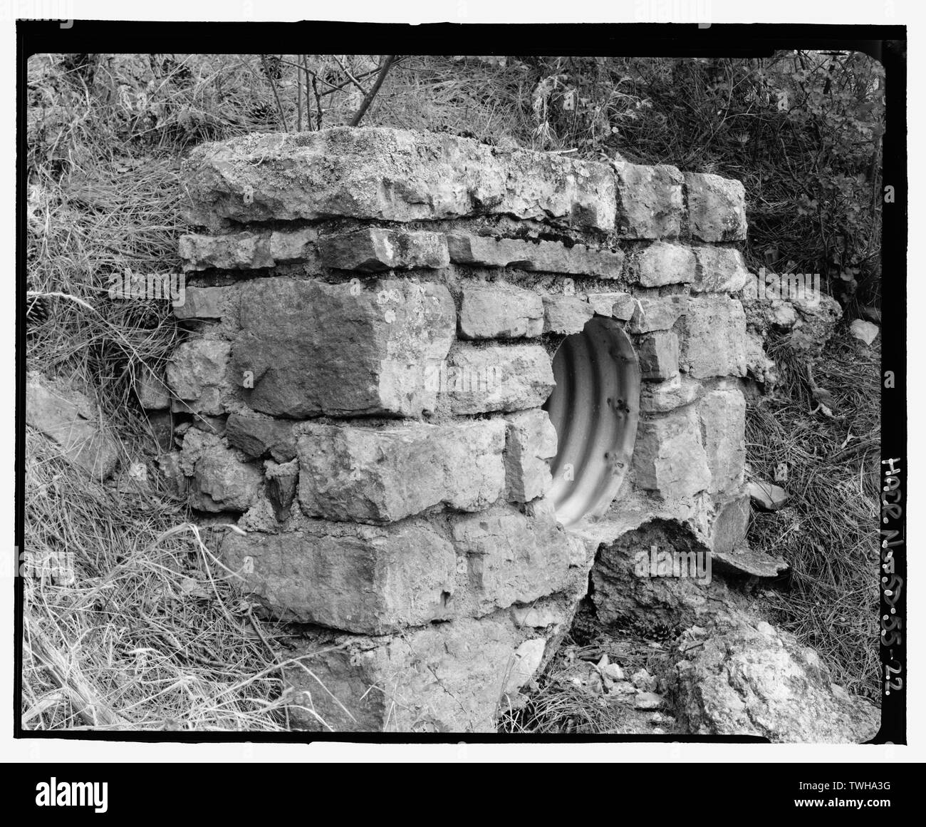 Route 87, CCC rock culvert at Beaver Creek Bridge. View SE. - Wind Cave  Roads and Bridges, Hot Springs, Fall River County, SD; South Dakota State  Highway Commission; Civilian Conservation Corps; Bingham,