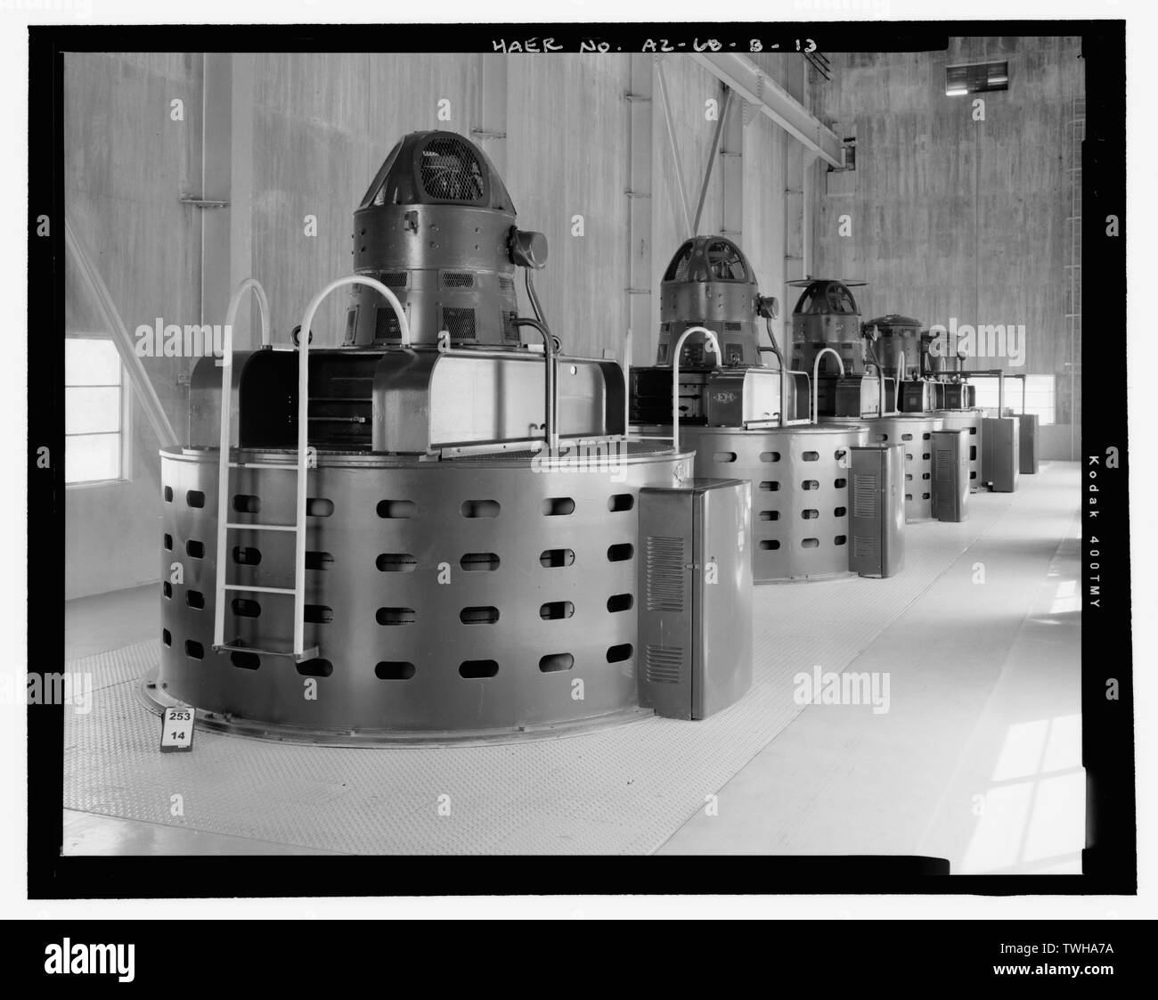 Row of pump motors, view to southeast - Wellton-Mohawk Irrigation System, Pumping Plant No. 2, Bounded by Interstate 8 to south, Wellton, Yuma County, AZ Stock Photo
