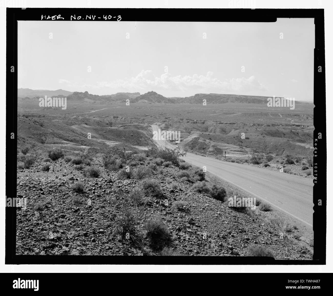 Route No. 1 near west edge of Badlands Topographical Area, view to west - Route No. 1-Overton-Lake Mead Road, Between Overton Beach and Park Boundary, 6 miles south of Overton, Overton, Clark County, NV Stock Photo