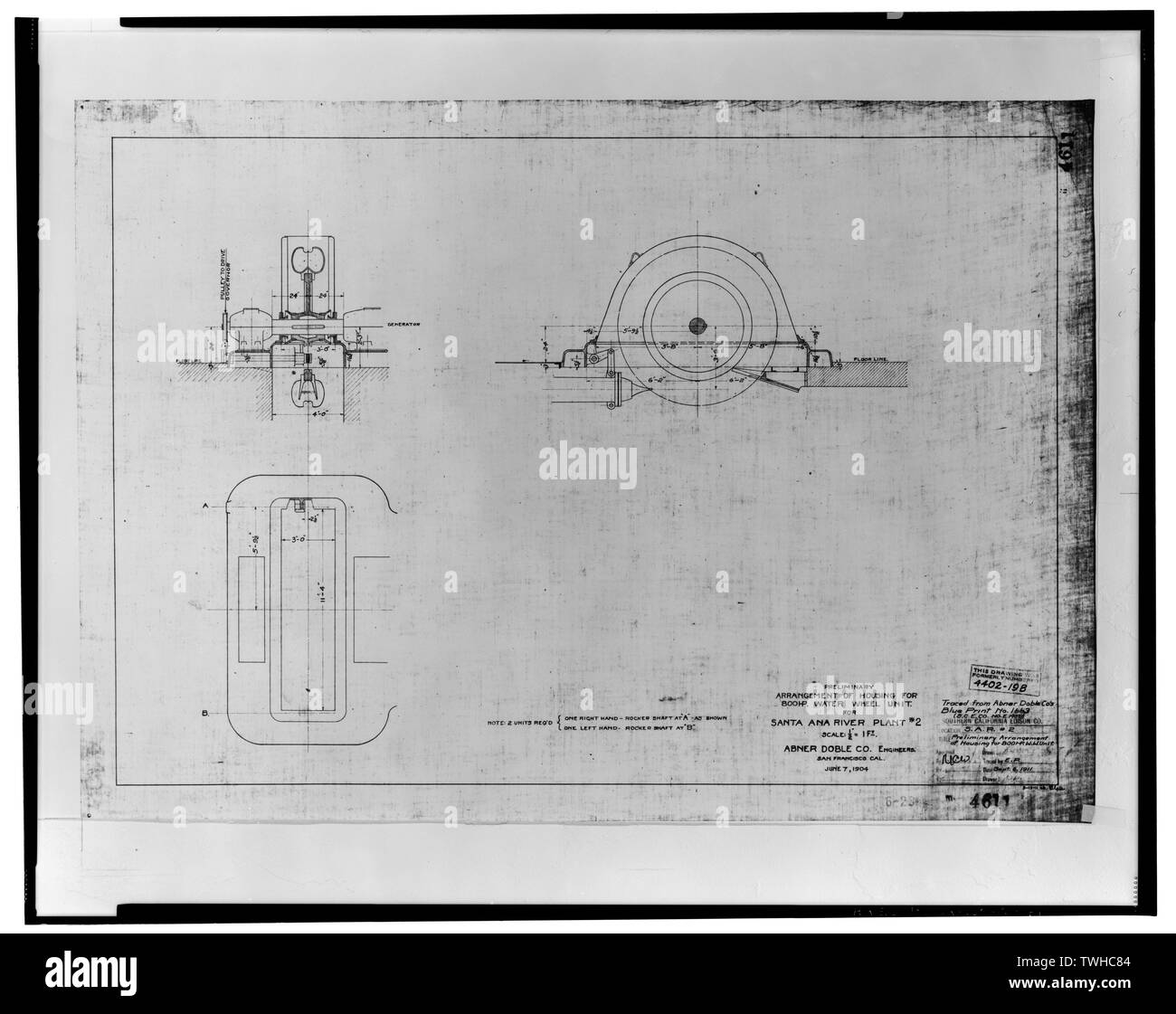 S.A.R. -2 PRELIMINARY ARRANGEMENT OF HOUSING FOR 800 HORSEPOWER WATER WHEEL UNIT, JUNE 7, 1904. TRACED ON SEPT. 6, 1911 BY E.P., FROM ABNER DOBLE CO'S. BLUE PRINT NO. 1663. SCE drawing no. 4611. - Santa Ana River Hydroelectric System, SAR-2 Powerhouse, Redlands, San Bernardino County, CA Stock Photo