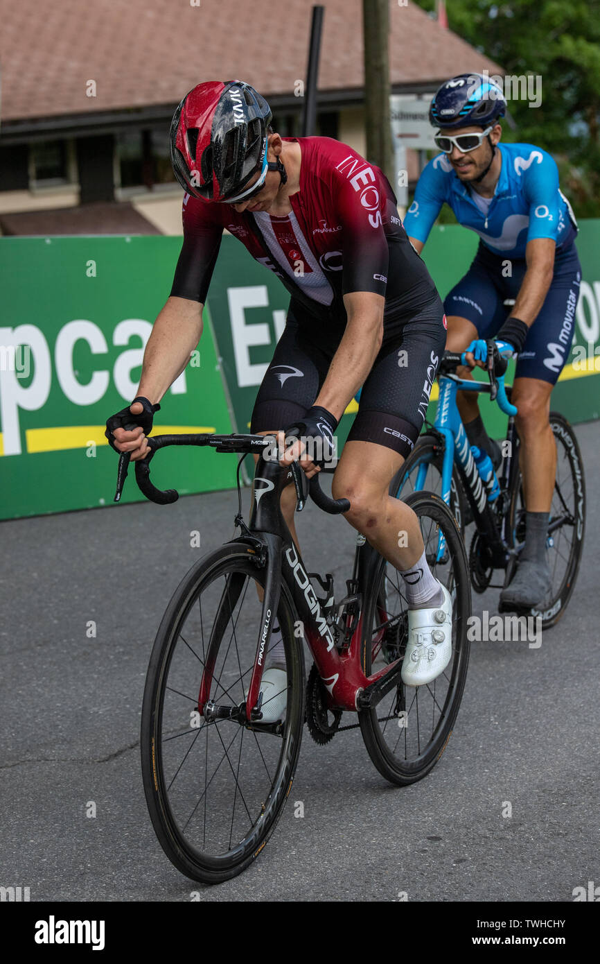 20.6.2019 - Contenders of the Satge 6 of the Tour de Suisse, 300 meters before the finish line in the Flumserberg in Flums, Switzerland. Stock Photo