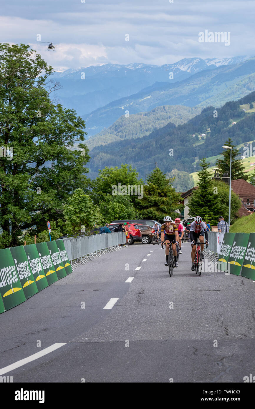 20.6.2019 - Contenders of the Satge 6 of the Tour de Suisse, 300 meters before the finish line in the Flumserberg in Flums, Switzerland. Stock Photo