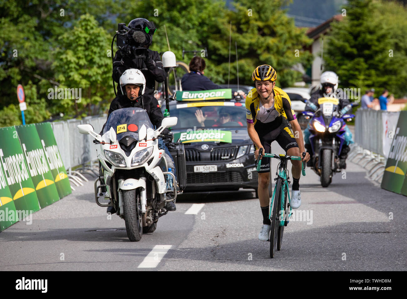 20.6.2019 - Etappe 6 of the Tour de Suisse, 300 meters before the finish line in the Flumserberg in Flums, Switzerland, Antwan Tolhoek finishes first. Stock Photo