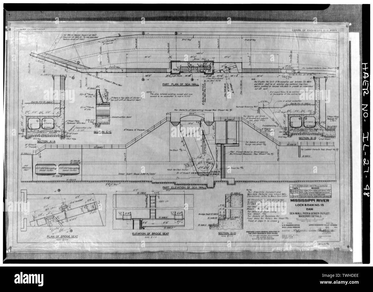 SEAWALL PIER AND SEWER OUTLET, MASONRY DETAILS. July 1931 - Mississippi River 9-Foot Channel Project, Lock and Dam No. 15, Upper Mississipi River (Arsenal Island), Rock Island, Rock Island County, IL; U.S. Army Corps of Engineers; S.A. Healy Company; Merrit-Chapman-Whitney Corporation; Ylvisaker, Lenvik; Piel, John H; McCormick, Herbert Stock Photo