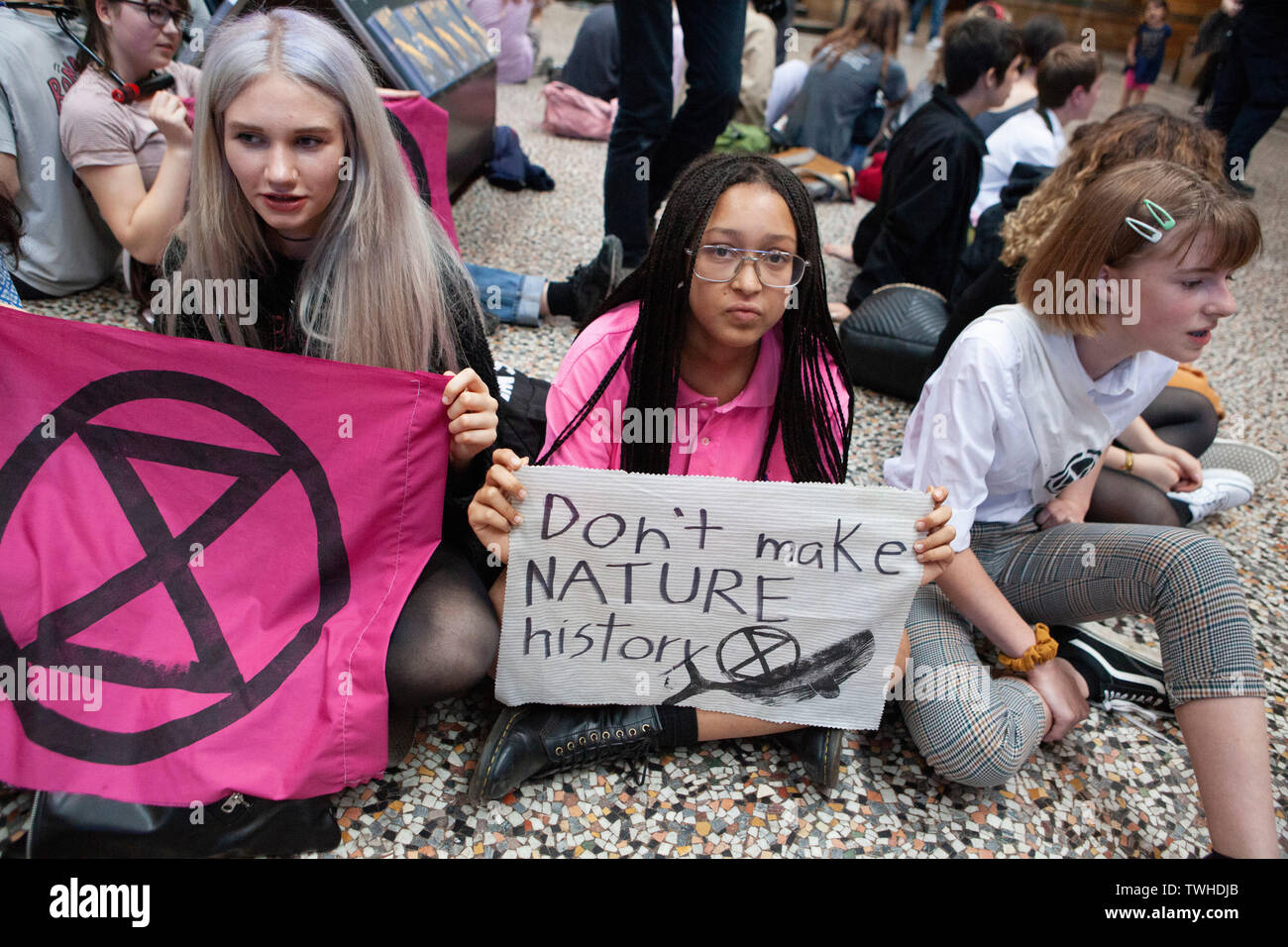 Extinction Rebellion protesters at the Natural History Museum opposing NHM hosting a dinner for the Petroleum Group of the Geological Society. Stock Photo