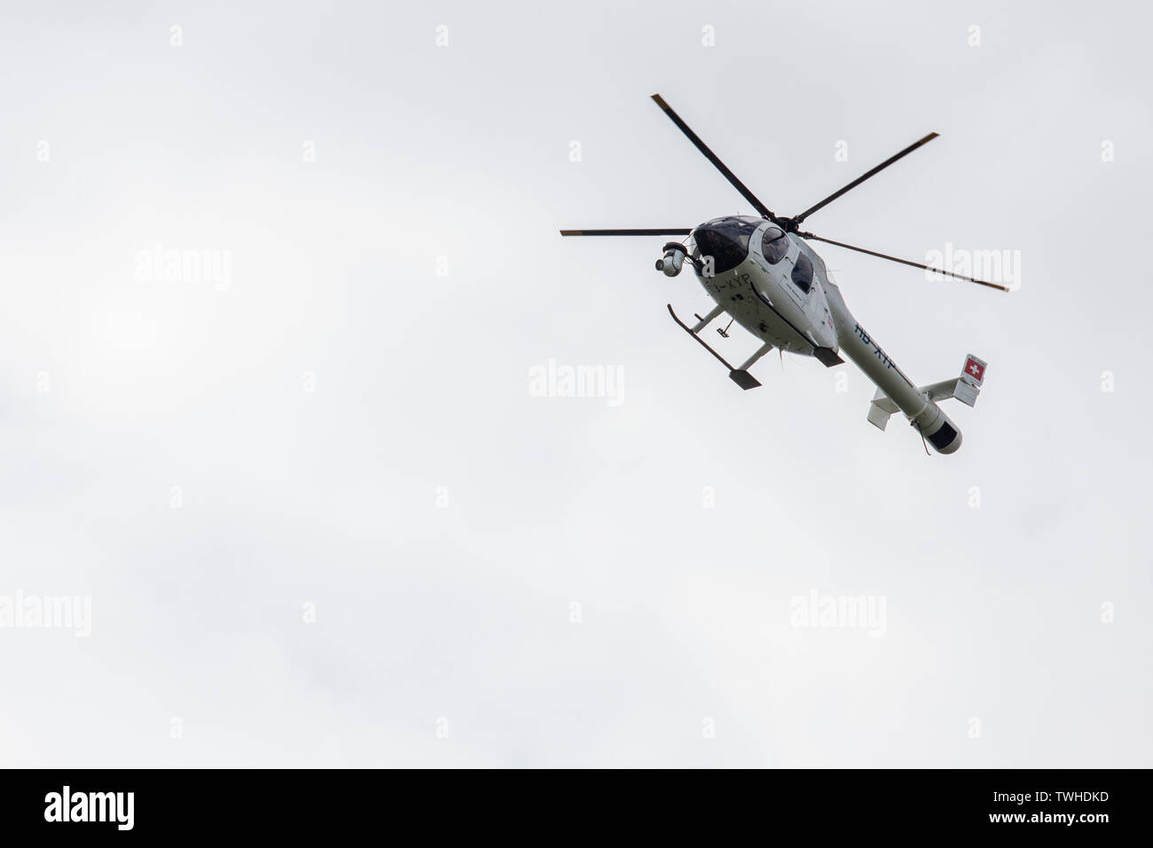 20.6.2019 - Flumserberg, Switzerland: TV helicopter during the Tour de Suisse 2019. Stock Photo