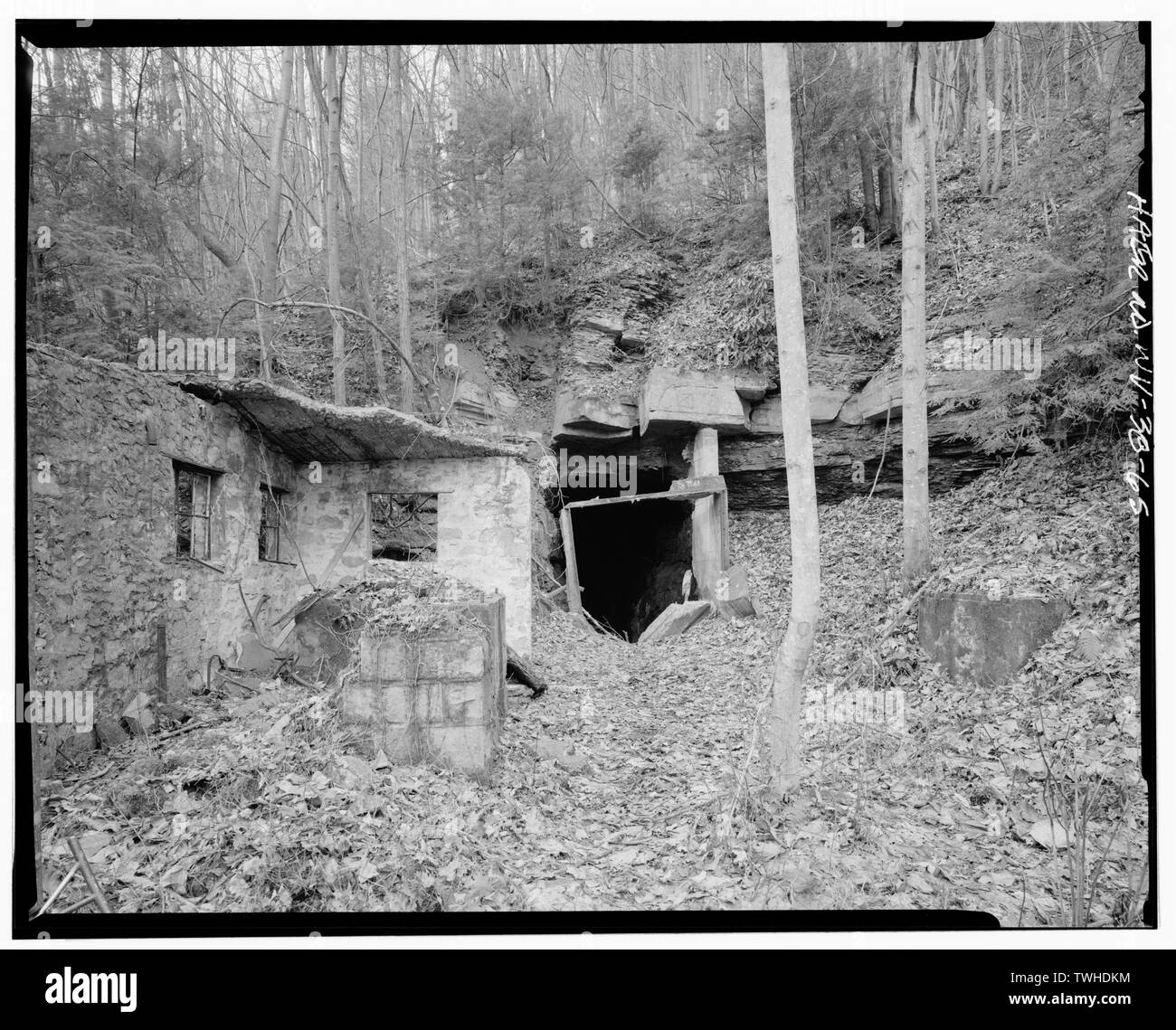 SECOND FAN HOUSE, BUILT IN THE EARLY 1930s BY BERWIND-WHITE - Kaymoor Coal Mine, South side of New River, upstream of New River Gorge Bridge, Fayetteville, Fayette County, WV; Kay, James; Low Moor Iron Company; New River and Pocahontas Consol. Coal Company; Berwind-White Corporation; O'Connell, Kristen, transmitter; Morris, Scott, transmitter; DeBoer, Ruth, transmitter; Morris, Jeremy, delineator; Daley, Scott, delineator; McClung, Kevin, delineator; Bonenberger, Danny, delineator Stock Photo