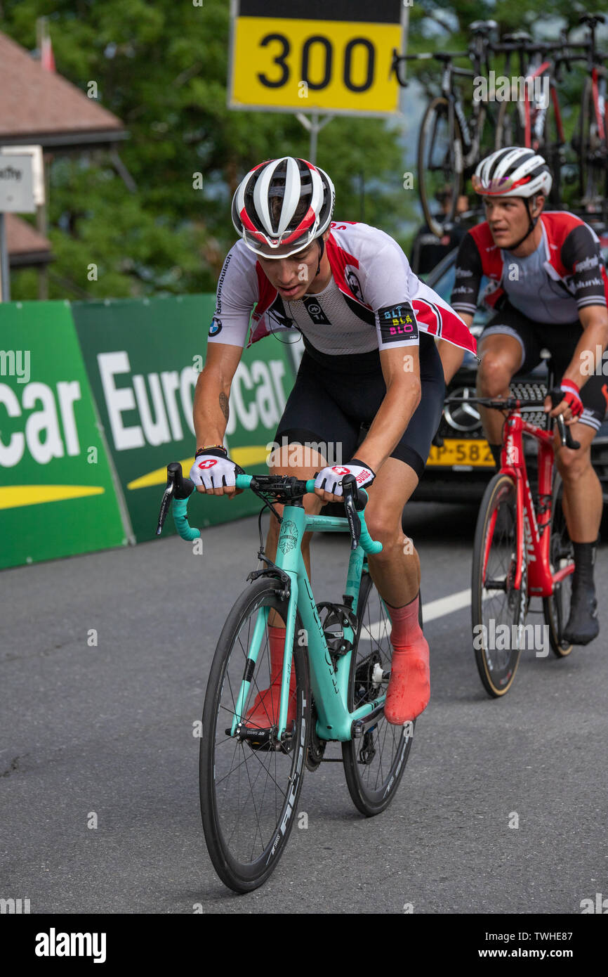 20.6.2019 - Contenders of the Satge 6 of the Tour de Suisse, 300 meters before the finish line in the Flumserberg in Flums, Switzerland. Stock Photo