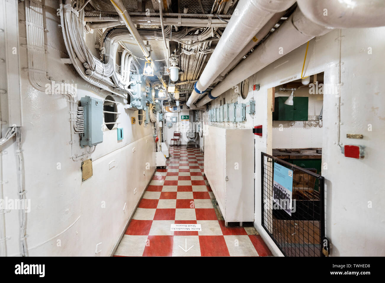 London, United Kingdom - May 13, 2019: HMS Belfast warship museum interior, saw action during the second world war, is now permanently moored as a museum ship on the River Thames in London . Stock Photo