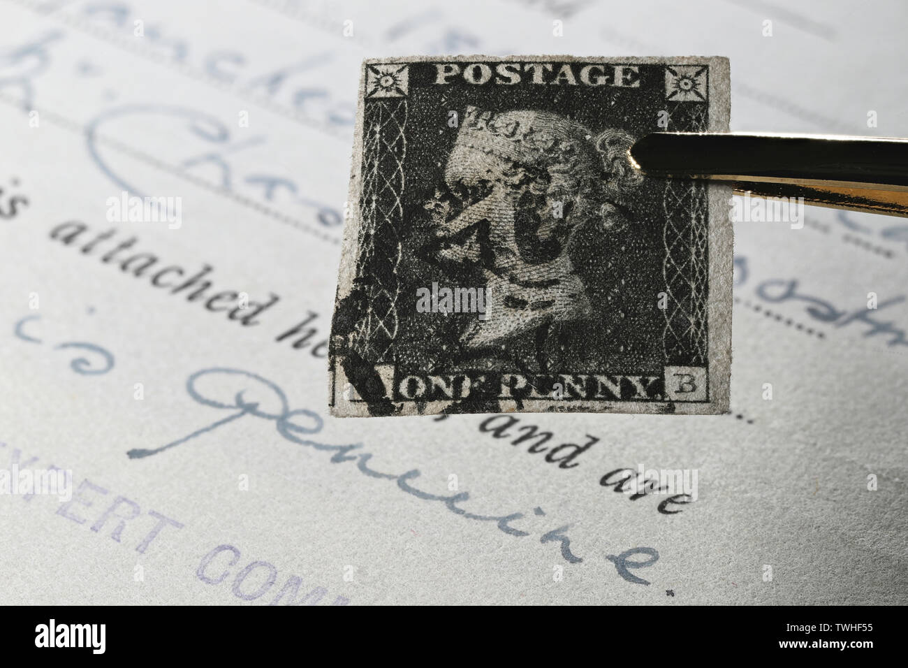 Plate 5 Penny Black with black Manchester cross cancellation. It is the world's first adhesive postage stamp. Stock Photo