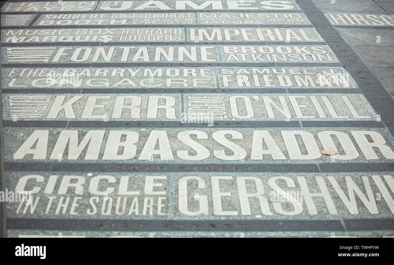 USA, New York, Times Square. May 2, 2019. List of theaters names and map on the ground Stock Photo