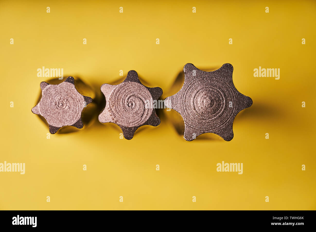 Three Torx bits for the screwdriver on a yellow background. Top view. Stock Photo